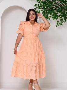 Women's Midi Dress With Embroidered Laise, All-Over Print, Embroidery, Button, Ruffle, Gathered, Formal And Evening - 3D Salmon - View 2