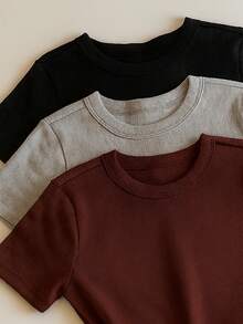 Kit 3 Short Sleeve Ribbed Blouses For Women, Basic, Elegant, Summer - Black/Gray/Brown - View 2