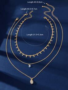 3pcs Set Women Gold Multilayer Chain Water Drop Pendant Necklace, Suitable For Daily, Social, And Gathering Occasions - Gold - View 5