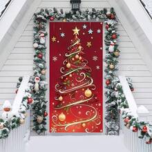 1pc Telescopic Nylon Christmas Door Cover, Holiday Tree Design, Polyester Fiber And Super Elastic Flag, Easy To Install And Clean, Suitable For Various Decorations Of Weddings, Birthdays And General Occasions.
