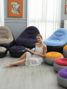 2pcs Set (Lounge Chair + Round Ottoman) Inflatable Flocked Sofa, Foldable Portable Slouchy Sofa With Footrest (No Air Pump), Suitable For Indoor/Living Room/Bedroom/Patio Leisure, Outdoor Travel/Camping/Beach