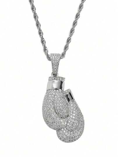 1pc Men's Boxing Glove Cubic Zirconia Pendant Necklace (No Gift Box)