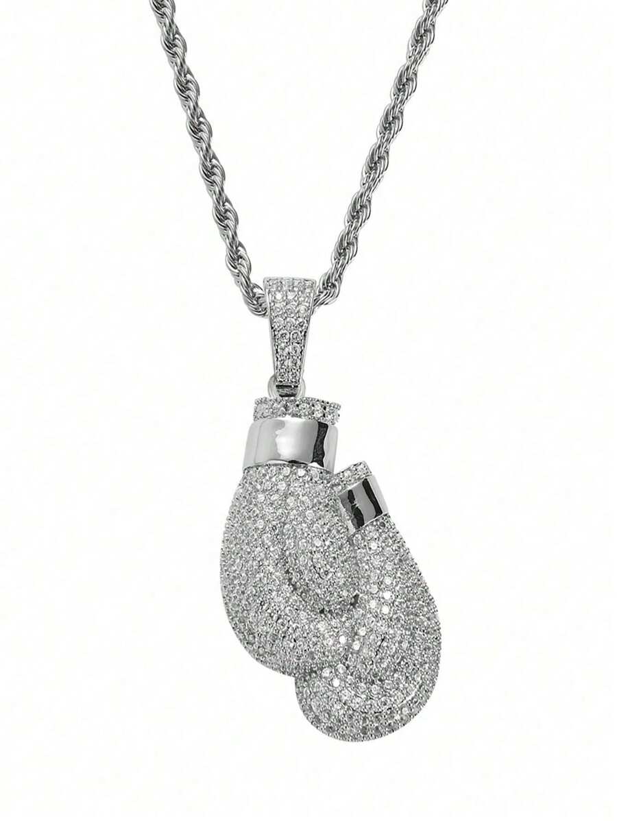 1pc Men's Boxing Glove Cubic Zirconia Pendant Necklace (No Gift Box) - Silver - View 1