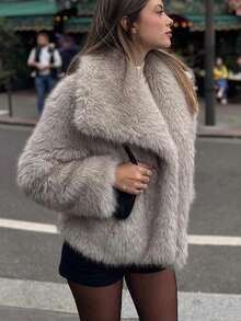 Chaqueta de manga larga de piel sintética esponjosa y cálida para otoño/invierno - Gris Claro - Ver 6