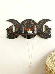 1 件黑色木质月相镂空烛台壁挂架，木制仙女和花朵设计收纳壁挂架，哥特式水晶和蜡烛家居装饰，精神卧室装饰 - 彩色 - 查看 6
