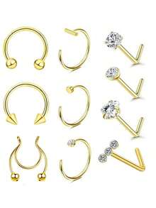Conjunto de 10 peças de argolas de nariz em formato de L, 20g, douradas, piercing de nariz feminino, argola de nariz, aço inoxidável 316L, argolas de nariz em formato de L, parafuso de argola de nariz, pacote de prata para mulheres e homens, piercing de lábio, conjunto de joias de piercing corporal feminino, argolas de nariz para mulheres, piercing de nariz, joias de septo, piercings falsos, pino de nariz, piercing falso - 10 peças/conjunto - Ver 6