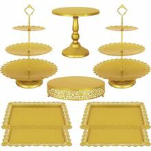 Fivenl 8 Pcs Cake Stand Gold Metal Dessert Table Display Set, 3-Tier Cupcake Stand, Cake Display Tower And Cookie Tray Rack Serving Tray Birthday Party, Weddings, Shower (Gold) - Vàng - Xem 6