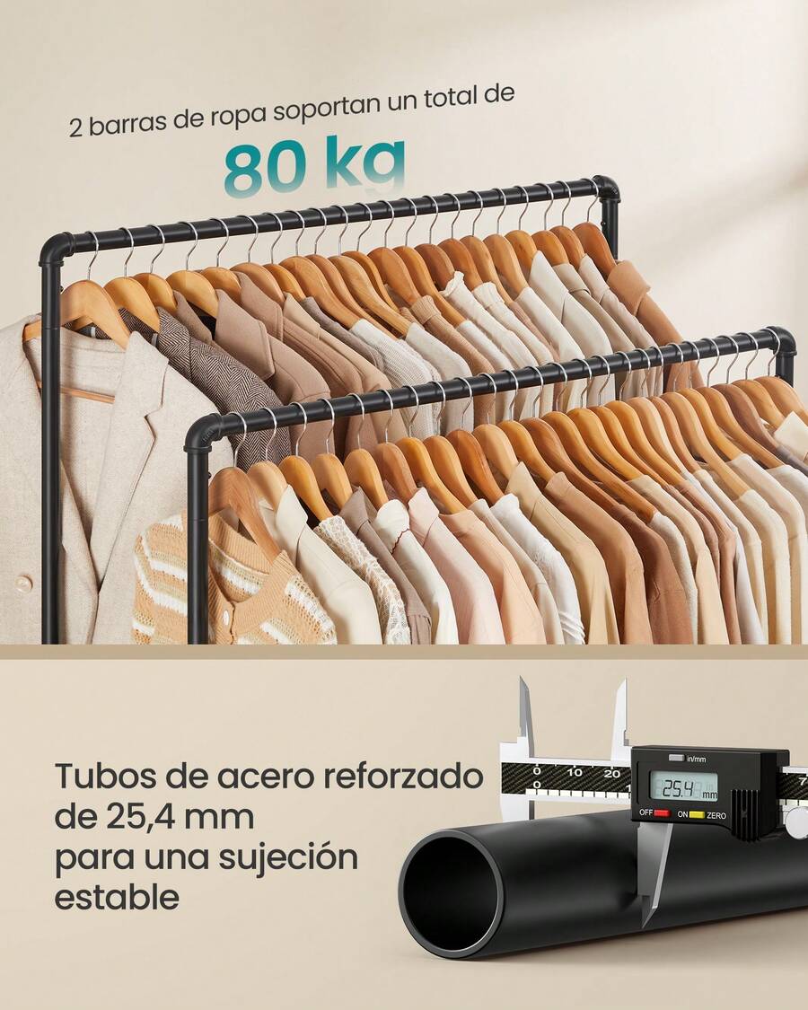 Perchero Burro de Doble Barra, Marco Metálico, 59 x 100 x 162 cm, Burro de Ropa con Estante de Almacenamiento y Ruedas, 2 Ruedas con Freno, Carga de 110 kg, Negro - Aprox.59 x 100 x 162 cm - Ver 1