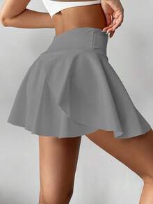 高腰白色网球短裙，二合一防闪光高尔夫、羽毛球、健身短裙，带口袋，夏季运动裙裤，侧袋户外跑步运动新款女式短裙 - 灰色 - 查看 3