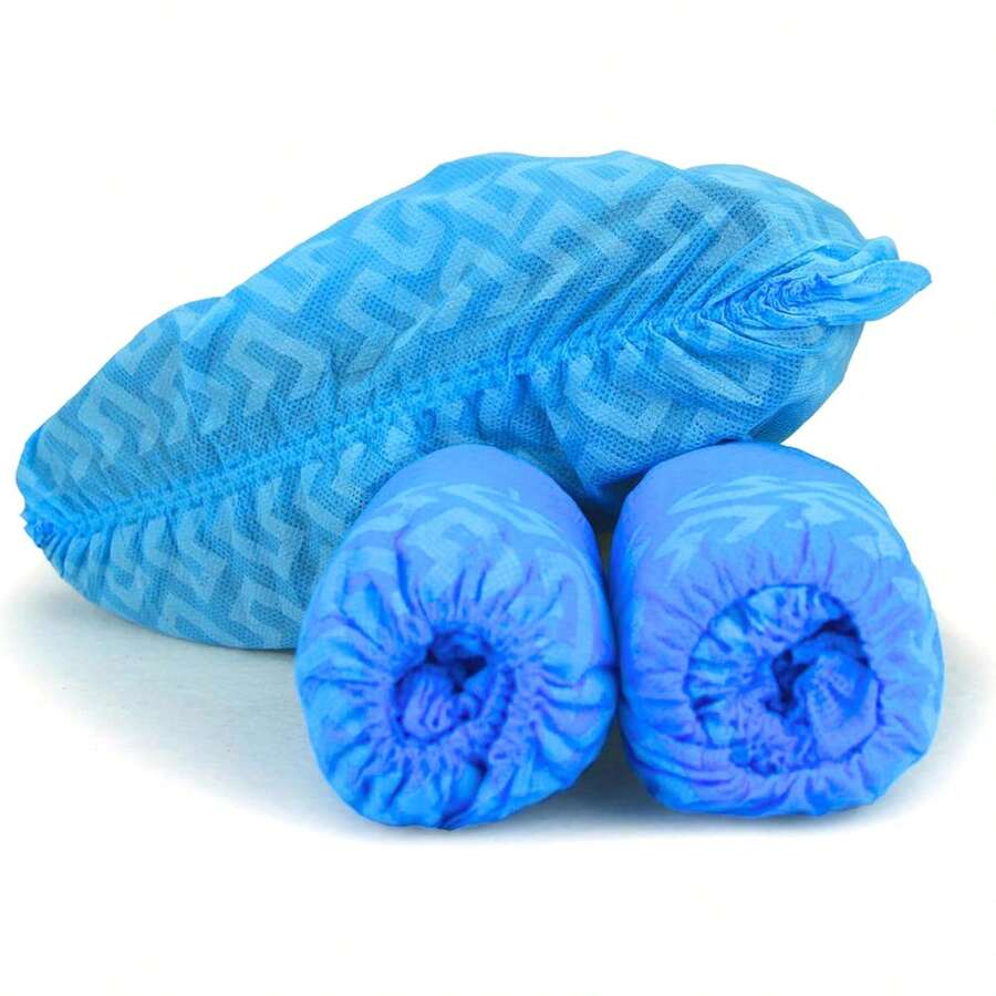 Cubiertas desechables para botas y zapatos, duraderas, resistentes al agua, antideslizantes, noóxicas, reciclables, azules, elásticas - Paquete de 100 extra grandes - Ver 1