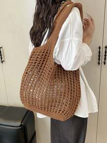 Leisure Large Capacity Woven Bag Hollow Design Knitted Shoulder Bag Holiday Beach Shopper Tote For Women Travel Women Crochet Tote Bag Hollow Beach Bag Large Capacity Fashion Knitted Bag Solid Color Simple Shopping Bag For Travel Vacation