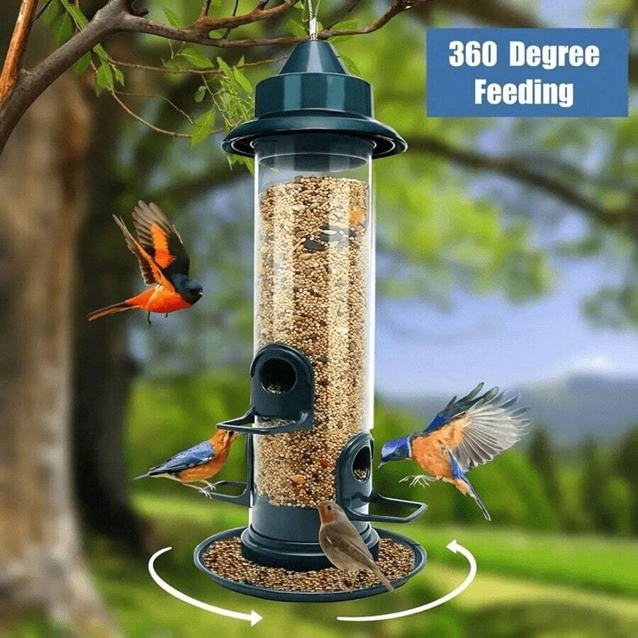 Automatic Multi-Hole Bird Feeder - Easy To Refill Hanging Pet Food Dispenser, Attracts Wild Birds, For Outdoor Use, Green Cover And Transparent Plastic Sides For Observation, Outdoor Bird Feeder