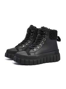 秋冬黑色保暖内衬纯色系带厚底枪灰色鞋眼金属装饰高帮保暖女鞋，百搭休闲时尚冬季户外踝靴，欧美摩托车风格