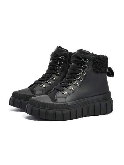 秋冬黑色保暖内衬纯色系带厚底枪灰色鞋眼金属装饰高帮保暖女鞋，百搭休闲时尚冬季户外踝靴，欧美摩托车风格