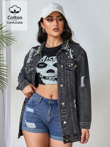 Pearl Beaded Button Open Long Sleeve Mid-Length Denim Jacket - Dark Grey - View 2