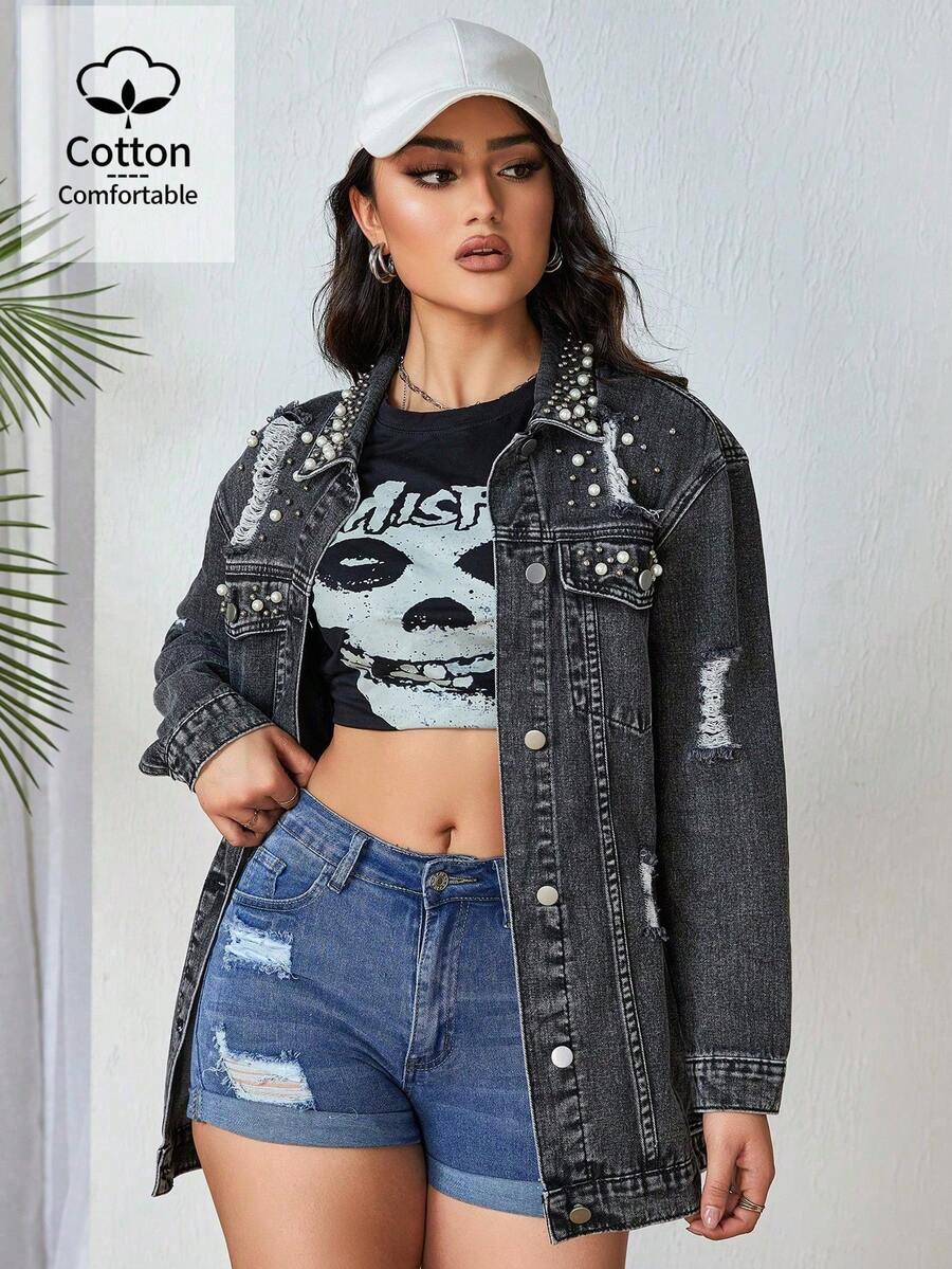 Pearl Beaded Button Open Long Sleeve Mid-Length Denim Jacket