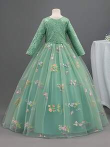 Girls Flower Vintage Floral Lace 3/4 Sleeves Floor Length Dress Easter Day Wedding Party Evening Formal Pegeant Dance Gown - 綠色 - 查看 4