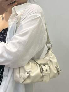 Y2K 女款复古梅洛色做旧软皮机车包，铆钉装饰，带扣装饰，褶皱云朵肩包/腋下包，法棍形方形包，适合工作、通勤、约会、派对 - 白色 - 查看 2