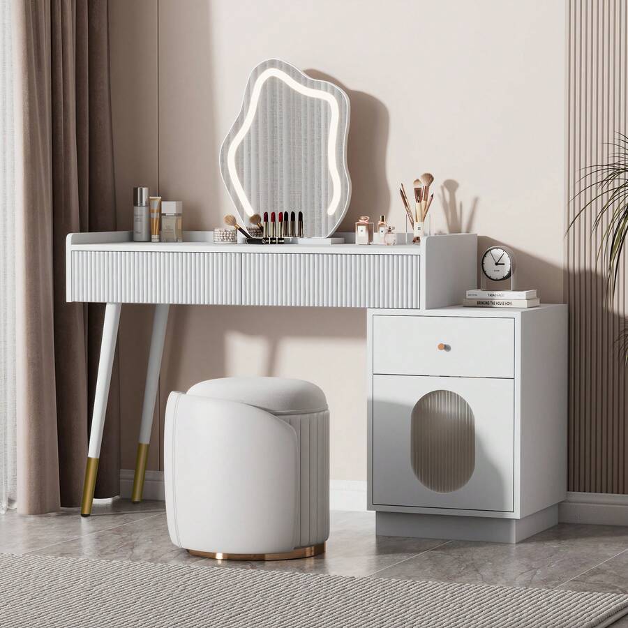Dressing Table With LED Mirror, 2 Drawers And Flexible Cabinet, Stable, White - 白色 - 查看 1