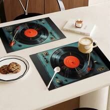 1/4/6/90pcs Set Vintage Turntable & Vinyl Record Printed Placemats, Woven Polyester Rectangular Tablemats, Hand Wash Only, Kitchen & Home Decor, Indoor/Outdoor Dining Decoration