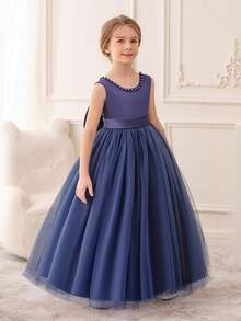 Tween Girl Navy Blue Bow Elegant Party Dress, Handmade Beaded Princess Gown, Suitable For Girls Birthday Gift, Banquet, Wedding, Bridesmaid, Graduation - Royal Blue - View 3