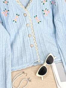 Wixra Wixra Sweet Collegiate Style Cardigan With Lace Patchwork V-Neck Design, Embroidered Single-Breasted Knit Top For Ladies