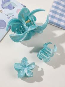 3 件套波西米亚风格蓝色渐变大理石纹绣球花发夹，海滩度假发饰花爪夹秋季配饰秋冬 - 彩色 - 查看 5