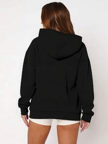 LOVE JOYY 闪亮水钻图案，邦迪海滩椰子树和冲浪图案纯色套头连帽衫宽松落肩带口袋，热门水钻工艺休闲夏季连帽运动衫时尚服装日常休闲装 - 黑色 - 查看 4