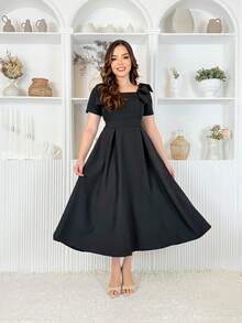 LivanModas Elegant Women's Viscose Dress With Sleeves And Bow Detail – Sophisticated Fashion - 黑色 - 查看 3