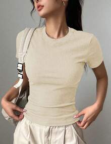 Women's Short Sleeve Ribbed Premium Comfortable  T-Shirt - 米色 - 查看 1