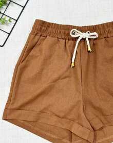 Women's Short Linen Shorts With Elastic Waistband - 卡其色 - 查看 2