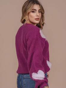 Women's Furry Heart Sweater Blouse Knit Wool Woolen Fang Long Sleeve Puffy Oversize Winter Cold Laffy Tricot - 粉紅色大麗花與白色 - 查看 2