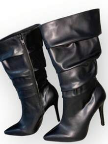 Women's Mid-Calf Boot With Thin Heel, Accordion-Style, Lined Zipper - 黑色 - 查看 2