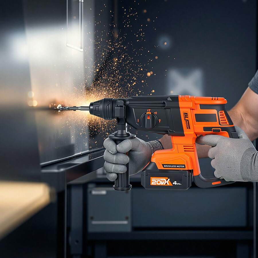 20V Brushless Cordless Hammer Drill, Lithium-Ion 1 Inch Rotary Hammer Driver, SDS-Plus Electric Lightweight Power Tool Kit With Battery And Charger, 4 Functions, 1200 RPM, 5300 BPM - US A Type Plug(110-127V) - View 1