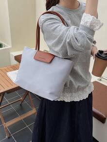 新款女士大容量尼龙休闲纯色手提包、单肩包、饺子包、托特包 - 灰色 - 查看 8