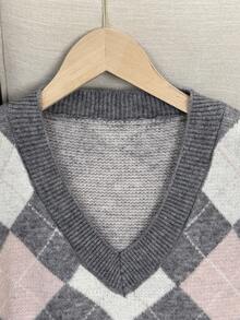 新款 V 领学院风多层针织背心，宽松毛衣背心，菱形图案休闲马甲