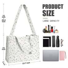 Corduroy Handbag, Square Casual Bag, Stylish Commuting Bag With Large Pocket, Women Shoulder Bags Work Handbags Everyday Hobo Bag-Little Grey Flower - 小灰花 - 查看 2