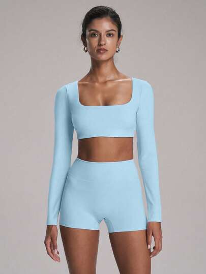 FWH 时尚瑜伽、户外、跑步、约会、通勤百搭多功能弹力性感街头休闲舒适校园青春长袖上衣，配有可拆卸胸垫和褶皱臀部设计，显瘦提臀美腿，优雅简约两件套运动服，女款