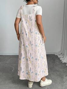 Plus Size Floral Print Women Double Pocket Strap Midi Dress - Pink - View 2