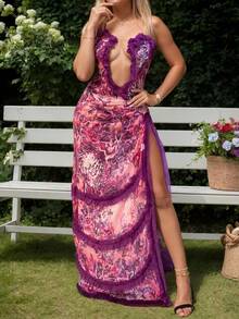 Women's Purple Floral Print Deep V Neck Ruffle Trim High Slit Maxi Dress, Elegant Outfit For Wedding Guest/Evening Party/Formal Event, Dresses For Women - 紫色 - 查看 2