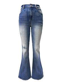 GILIPUR Y2K 女式喇叭牛仔裤，蓝色弹力修身款，复古水洗，休闲百搭，做旧喇叭裤，街头风，适合秋冬季节，复古时尚，是新年、情人节穿搭和节日礼物的理想之选。 - 藍色 - 查看 8