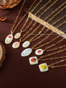 1 件时尚精致植物系列柠檬草莓蝴蝶结花朵吊坠项链，镀 18k 金，不易氧化，适合妻子和母亲佩戴，可轻松搭配女孩的日常服装装饰、海滩度假派对、音乐节。女士珠宝 - 彩色 - 查看 1