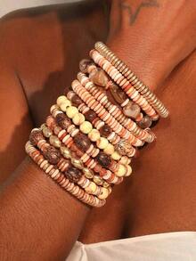 12pcs/Set Bohemian Style Brown Beaded Bracelets, Suitable For Women Vacation, Beach & Daily Wear - S-395 Màu hổ phách, hình tròn và phẳng - Xem 6