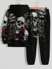 2pcs Halloween 3D Skull Print Men's Casual Hooded Long Sleeve Sweatshirt And Sweatpants Set, Suitable For Spring And Autumn,Fall Clothes