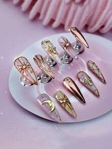 十片奢华复古纯手工美甲贴片，夏季假指甲，按压式假指甲，Y2K法式美甲，哥特朋克风，可重复使用，女士礼物，适合女孩和女士日常佩戴，派对美甲用品，手工按压式假指甲 - 彩色 - 查看 2