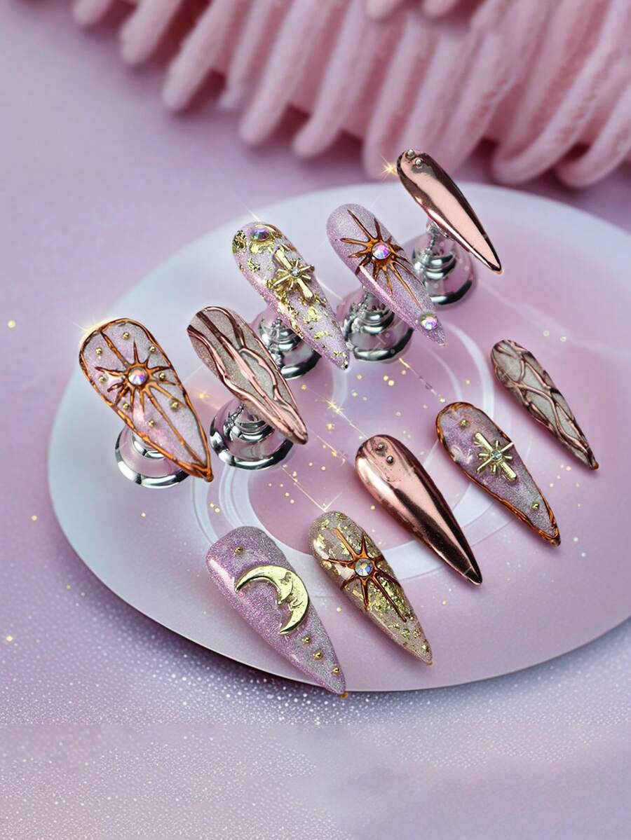 十片奢华复古纯手工美甲贴片，夏季假指甲，按压式假指甲，Y2K法式美甲，哥特朋克风，可重复使用，女士礼物，适合女孩和女士日常佩戴，派对美甲用品，手工按压式假指甲