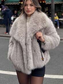 Chaqueta de manga larga de piel sintética esponjosa y cálida para otoño/invierno - Gris Claro - Ver 5