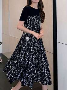 Fake dos piezas versión coreana del vestido floral de verano de moda femenina suelta empalme delgado en la sección larga de manga corta pequeño vestido negro sub - Negro - Ver 4