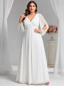 Vestido formal de noche largo con mangas y aplicaciones para fiesta de boda, graduación, cena, todo en blanco para invitada de boda - Blanco - Ver 1