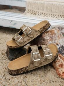 Summer Fashion Slippers, Floral Design Upper, Stylish & High-End, Buckle Design, Comfortable Women Slippers - Brown - View 6